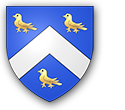 Arms of Patrick Byres of Tonley granted on 7 Feb 1755.  The Blazon reads: Azure a chevron Argent between three martlets volant Or.