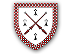 Robert James Crauford: Argent two tilting spears in saltire proper between four ermine spots Sable a bordure chequy Gules and of the field.