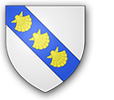 Arms of Alexander Rind granted in 1672.  The Blazon reads: Argent on a bend Azure three escalops Or.